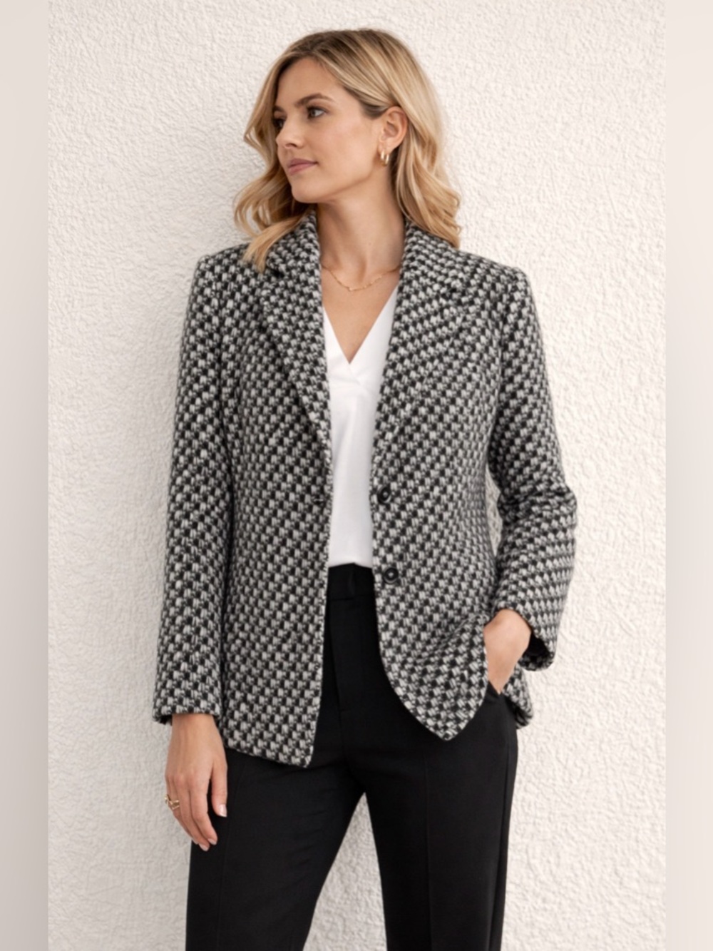 Jones New York Tweed Blazer Women Black White Boucle Jacket Classic Career Chic